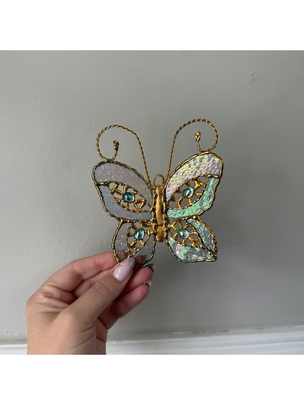 Iridescent White Handcrafted Stained Glass Butterfly Wall or Window Hanging